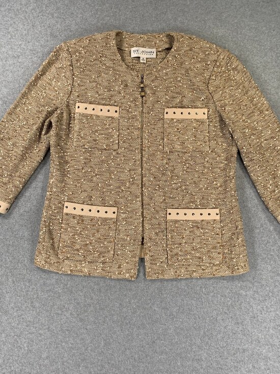 St. John Jackets & Blazers - St. John Collection Blazer Jacket Gold Tan Boucle Knit Leather Trim Zip Size 8